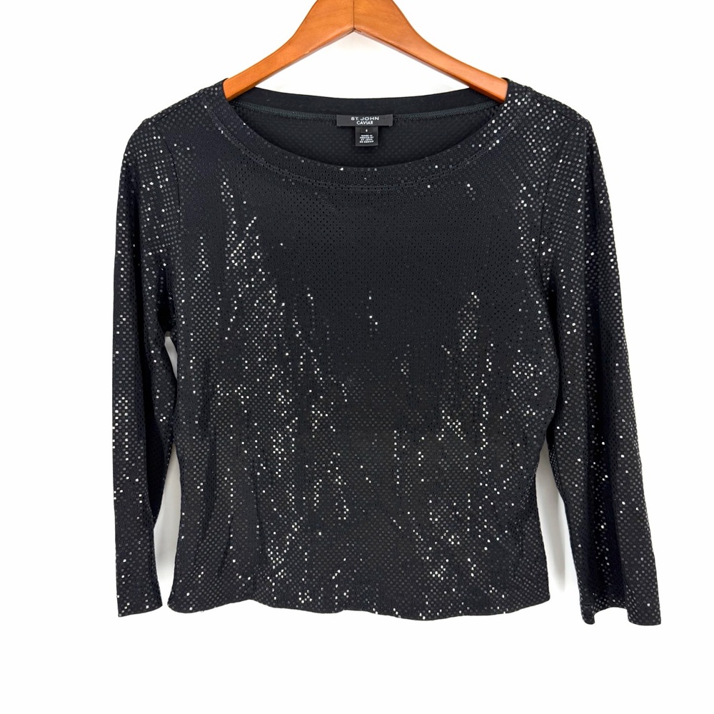 ✨St. John Caviar Top Tee S Black Wet Jersey Knit Soft Drapey Embellished Luxe